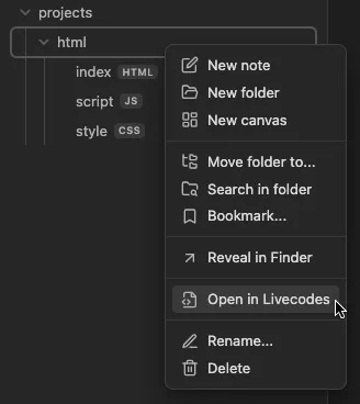 screenshot of Open in Livecodes context menu