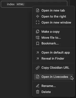 screenshot of Open in Livecodes context menu